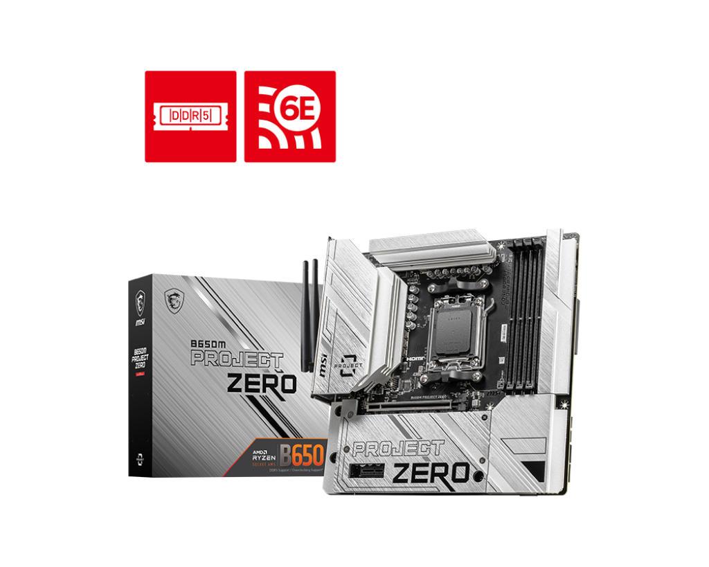 MSI B650M PROJECT ZERO AM5 DDR5 7600MHZ(OC) HDMI DP M.2 USB3.2 2.5G LAN WI-FI 6E mATX